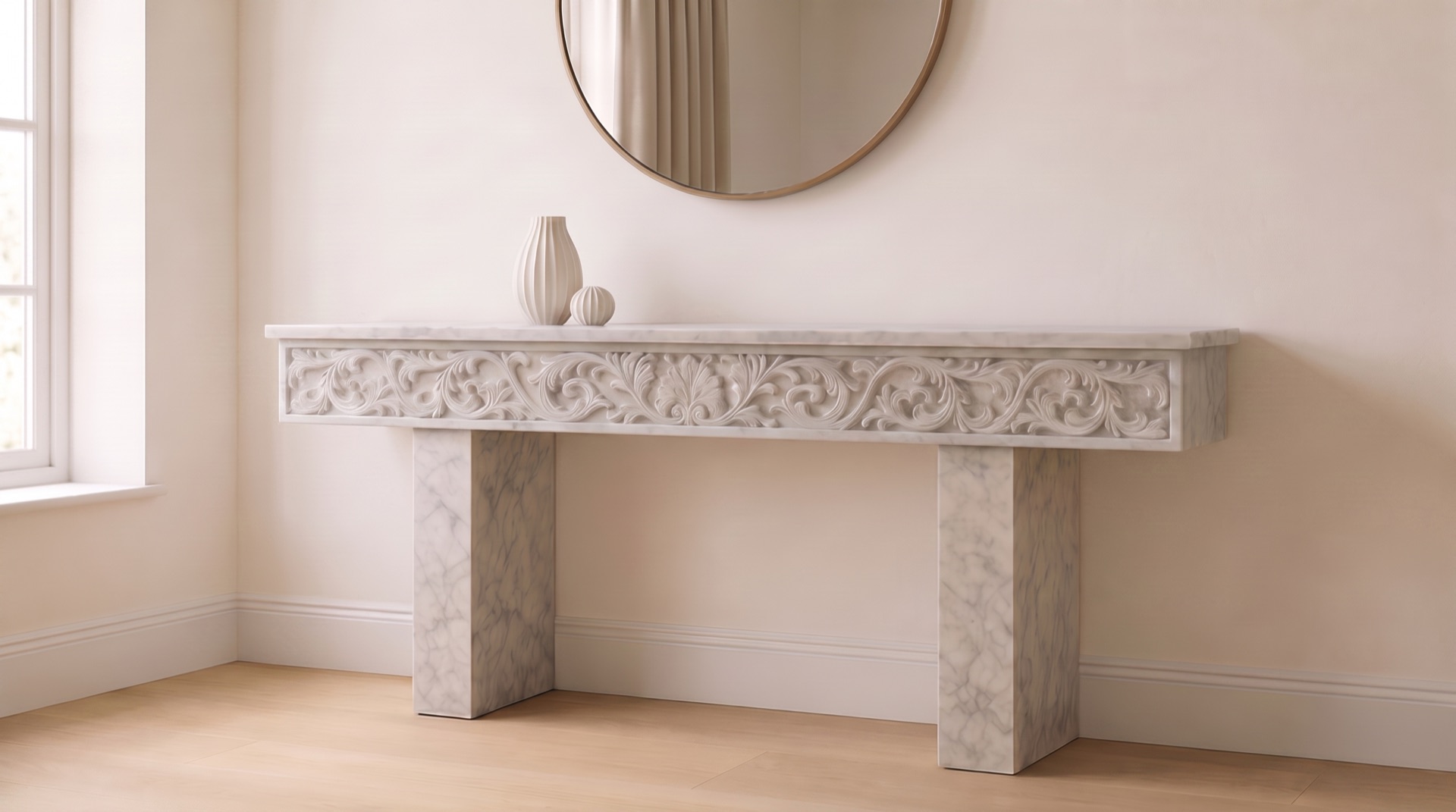 Digital visualisation of a relief-carved stone console in a contemporary interior